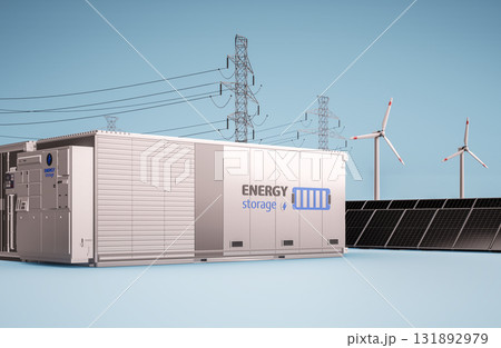 Alternative energy concept with group of energy storage systems or battery container units with various sources of energy 131892979