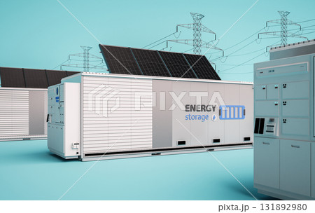 Alternative energy concept with group of energy storage systems or battery container units with various sources of energy 131892980