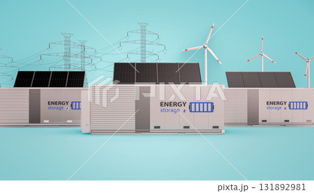 Alternative energy concept with group of energy storage systems or battery container units with various sources of energy Alternative energy concept with group of energy storage systems or battery container units with various sources of energy 131892981