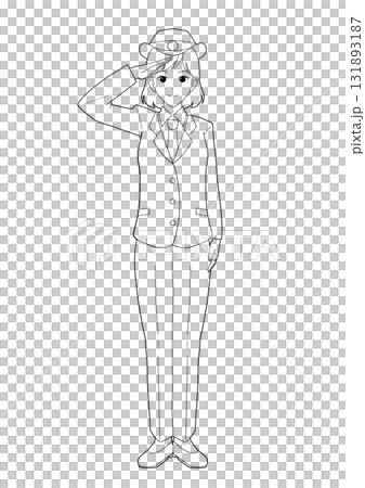 Black and white illustration of a female station attendant wearing a long-sleeved uniform 131893187
