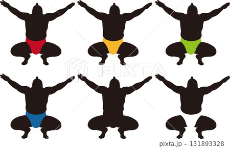 蹲踞の姿勢からポーズを決めるお相撲さんのシルエットセット 131893328