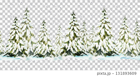 Watercolor Spruce tree snow covered and snowfall seamless border. Snowy winter Christmas fir. Hand drawn illustration isolated pattern from background for holiday fabric, Xmas wallpaper, packaging. 131893609