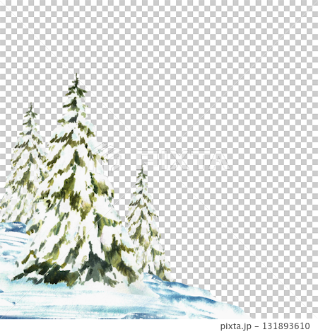 Winter Landscape with snow covered green spruces firs square frame . Watercolor Snowy Hills, snowdrifts and frosty evergreen forest. Hand drawn watercolor illustration isolated from background card.  131893610