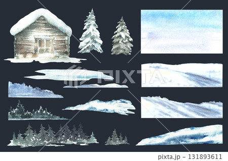 Winter watercolor landscape elements set. Cabin with snowy pine, fir tree. Rustic house, chalet with snow covered roof and snowdrifts, hills, blue sky Hand drawn illustration isolated dark background Winter watercolor landscape elements set. Cabin with snowy pine, fir tree. Rustic house, chalet with snow covered roof and snowdrifts, hills, blue sky Hand drawn illustration isolated dark background 131893611