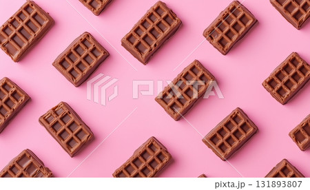 Chocolate square waffle pattern seamless diagonal on pink background 131893807