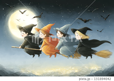満月の前を横切る4人の魔女 131894042