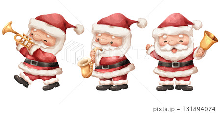 Watercolor cartoon illustration set of santa claus playing a trumpet, a saxophone, and ringing a festive handbell related to Christmas parades, marching bands . Hand drawn digital painting . 131894074