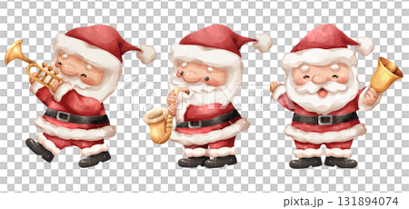 Watercolor cartoon illustration set of santa claus playing a trumpet, a saxophone, and ringing a festive handbell related to Christmas parades, marching bands . Hand drawn digital painting . 131894074