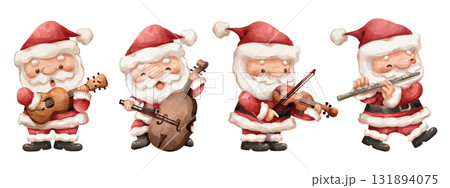 Watercolor cartoon illustration set of santa claus playing classical and string instruments includes ukulele or guitar, cello, violin, and flute . Christmas concert . Hand drawn digital painting . 131894075