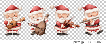 Watercolor cartoon illustration set of santa claus playing classical and string instruments includes ukulele or guitar, cello, violin, and flute . Christmas concert . Hand drawn digital painting . 131894075