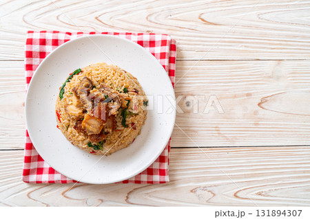 fried rice with Thai basil and crispy belly pork fried rice with Thai basil and crispy belly pork 131894307