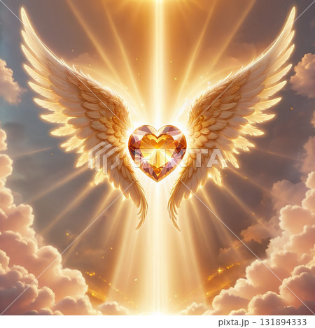 Radiant golden heart gemstone with angel wings ascends through divine light and clouds, symbolizing hope and spirituality 131894333