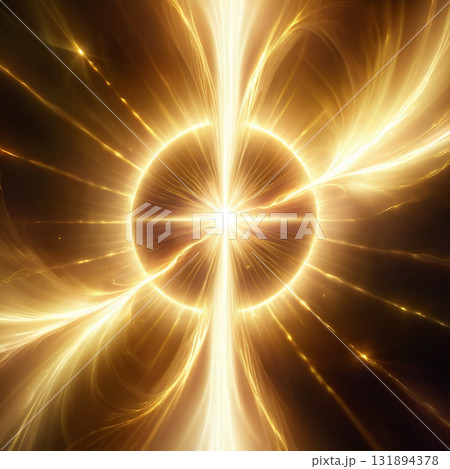 Brilliant golden energy vortex radiating powerful light and dynamic glowing streams against a dark background 131894378