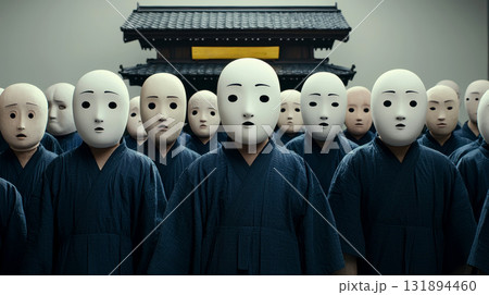 children in japan costume hiding their face behind mask - identity or personality concept. 131894460