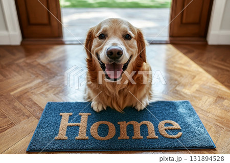 a happy golden retriever dog standing on a door mat with home text. a happy golden retriever dog standing on a door mat with home text. 131894528