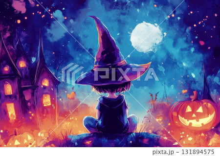 Halloween acrylic color. Playful Halloween Scene, Kids with Pumpkins and Ghosts 131894575