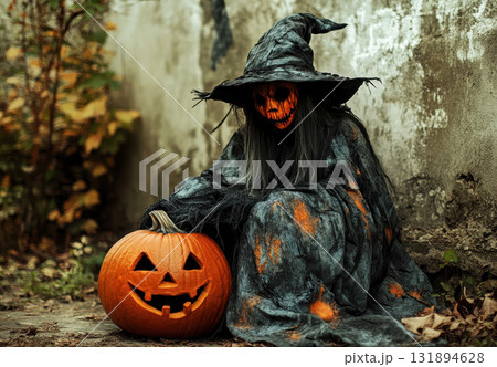 a witch with halloween pumpkin o n a corn field on halloween background 131894628