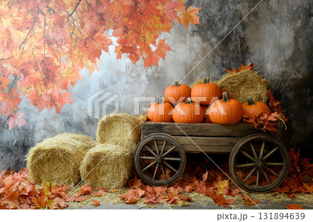 Charming autumn scene with pumpkins on a vintage wooden cart in a field surrounded by colorful trees under a cloudy sky. Charming autumn scene with pumpkins on a vintage wooden cart in a field surrounded by colorful trees under a cloudy sky. 131894639
