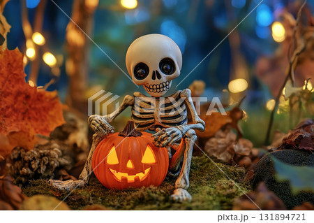 Cartoon skeleton holding two jack-o'-lanterns. Halloween pumpkin on table. 131894721