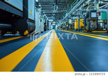A close up of anti slip floor markings in a production area, rubber floor covering factory. 131894725