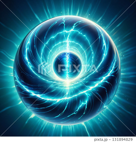 Abstract glowing blue sphere with swirling energy and lightning effects against a dark background Abstract glowing blue sphere with swirling energy and lightning effects against a dark background 131894829