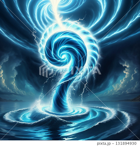 Powerful blue vortex of energy swirls within turbulent ocean waves under a dramatic stormy sky with lightning strikes. 131894930