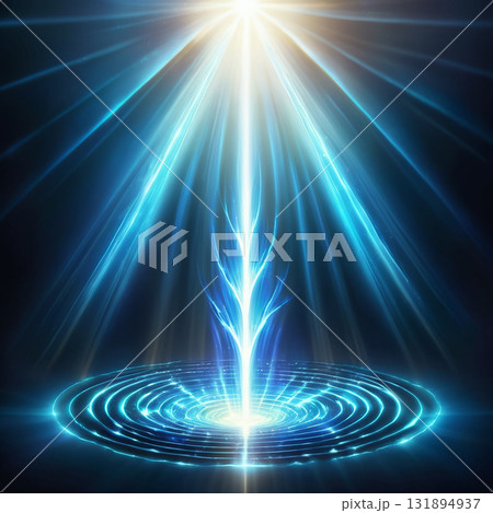Vibrant blue energy beam erupting from concentric circles with bright light radiating outwards against a dark background 131894937