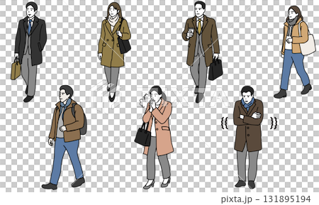 冬季城市中行走的男人和女人的插圖集 冬季城市中行走的男人和女人的插圖集 131895194