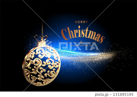Merry Christmas. Isolated element with gold glitter ribbon with retro Christmas tree toy 131895195