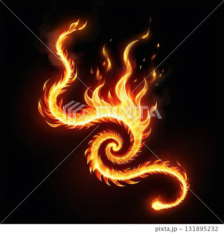 Fiery serpent with swirling body and glowing embers against a dark background, symbolizing power and transformation Fiery serpent with swirling body and glowing embers against a dark background, symbolizing power and transformation 131895232