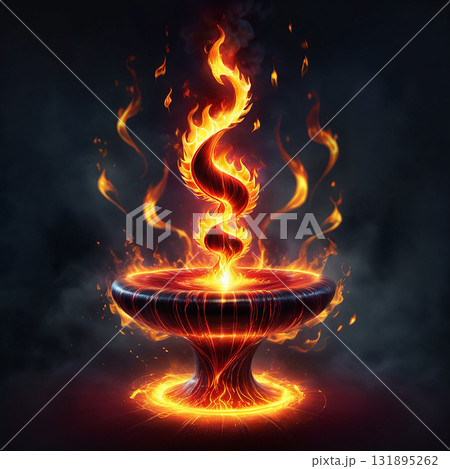 Mystical fiery vortex erupting from an ornate bowl, casting vibrant orange and yellow flames against a dark smoky background 131895262