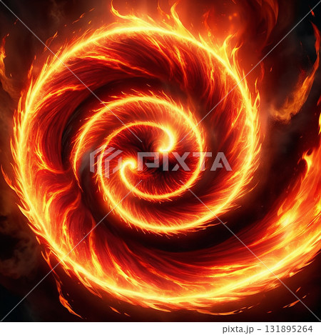 Dynamic fiery vortex with glowing orange and yellow energy swirling inwards, creating a powerful and energetic abstract display against a dark background. 131895264
