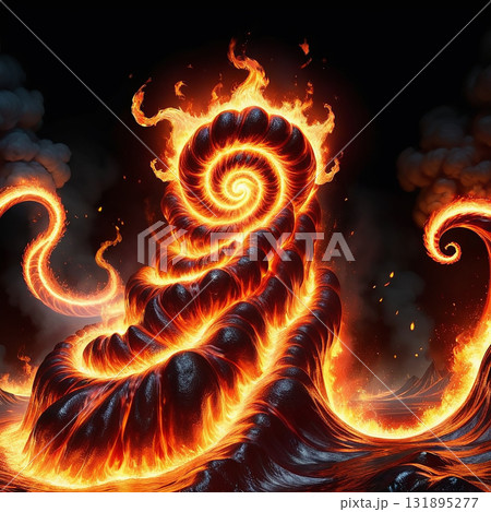 Fiery vortex of molten lava erupts with glowing embers and smoke against a dark, dramatic backdrop Fiery vortex of molten lava erupts with glowing embers and smoke against a dark, dramatic backdrop 131895277