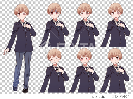 学制服姿のかわいい系男子の表情セットのイラスト素材 131895404