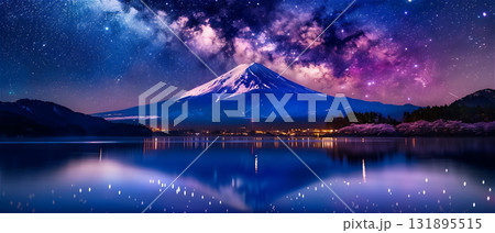 美しい富士山と星空の夜景 131895515