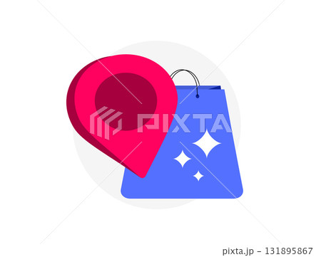 Store location - red map pin icon with sparkling blue shopping bag, enabling geolocated retail discovery and nearby e-commerce navigation for seamless customer experiences. Vector illustration 131895867