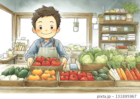 男性店員が木箱から新鮮な野菜を取り出して店先に並べているシーン 131895967