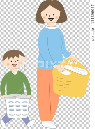 Parent and child carrying laundry 131896037