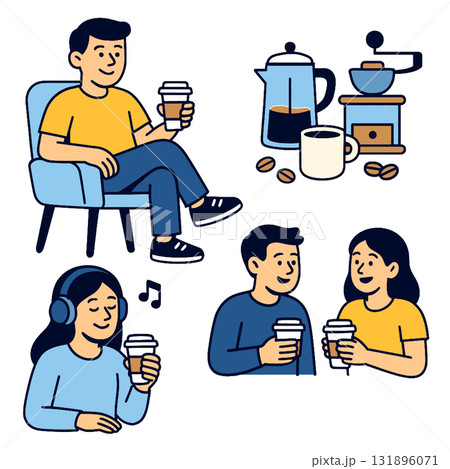 People drinking coffee, relaxing, talking, and listening to music, coffee maker and cup shown People drinking coffee, relaxing, talking, and listening to music, coffee maker and cup shown 131896071