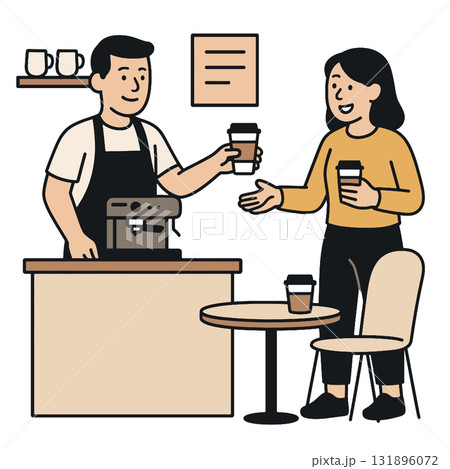 Barista woman coffee cafe counter smiling cup table chair casual friendly 131896072