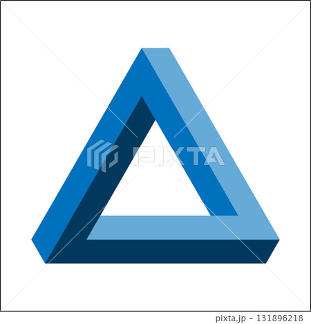 This artwork displays a Penrose triangle, an impossible object featuring three-dimensional shapes intertwined. The design highlights varying blue tones against a simple white background. This artwork displays a Penrose triangle, an impossible object featuring three-dimensional shapes intertwined. The design highlights varying blue tones against a simple white background. 131896218