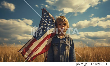 Young Patriot: Child Holding the American Flag in the Field. Generative ai Young Patriot: Child Holding the American Flag in the Field. Generative ai 131896351
