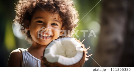 Joyful Child Enjoying Fresh Coconut. Generative ai 131896380