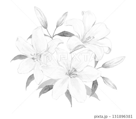 白いユリの花のブーケ　モノクロイラスト 131896381