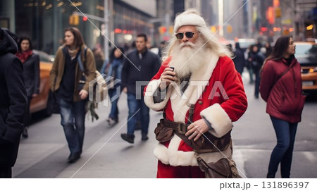 Santa Claus Takes a Stroll Through the City Streets. Generative ai 131896397