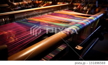 Traditional Weaving Loom Creating Colorful Fabric. Generative ai Traditional Weaving Loom Creating Colorful Fabric. Generative ai 131896569