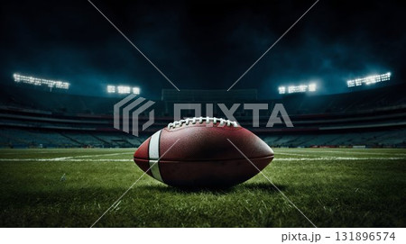 Night Game: American Football on Stadium Field. Generative ai 131896574