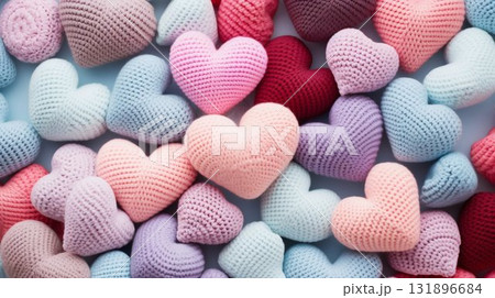 Assorted Crocheted Hearts in Pastel Tones. Generative ai 131896684