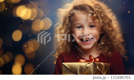 Child's Joyful Holiday Moment with a Glittering Gift. Generative ai 131896703