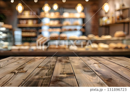 empty wooden table blurred bakery shop background 131896723